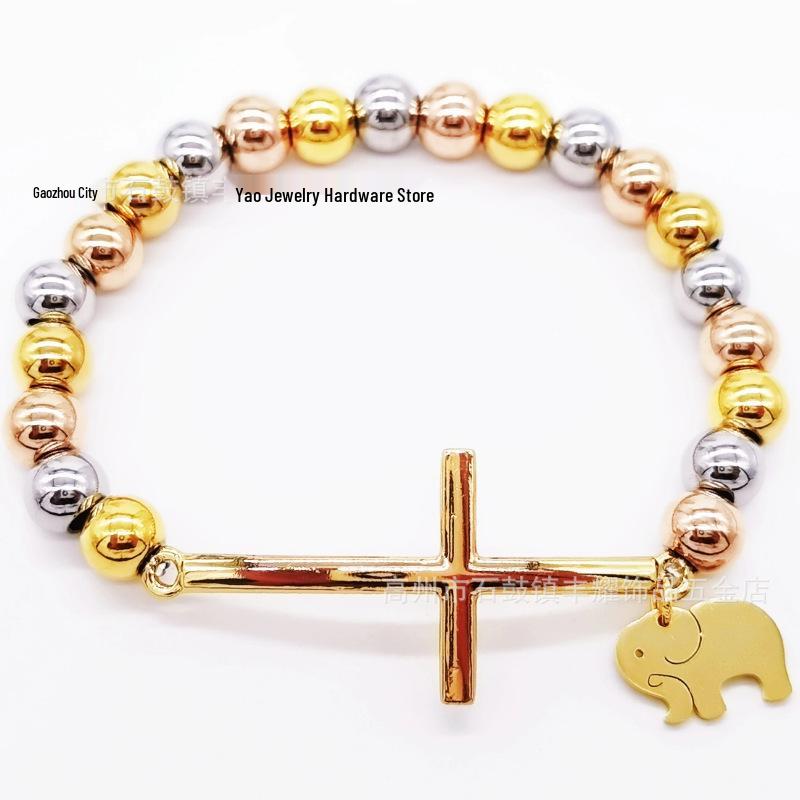 8mm Random Three-Color Bead Stainless Steel Handcrafted Cross Bracelet