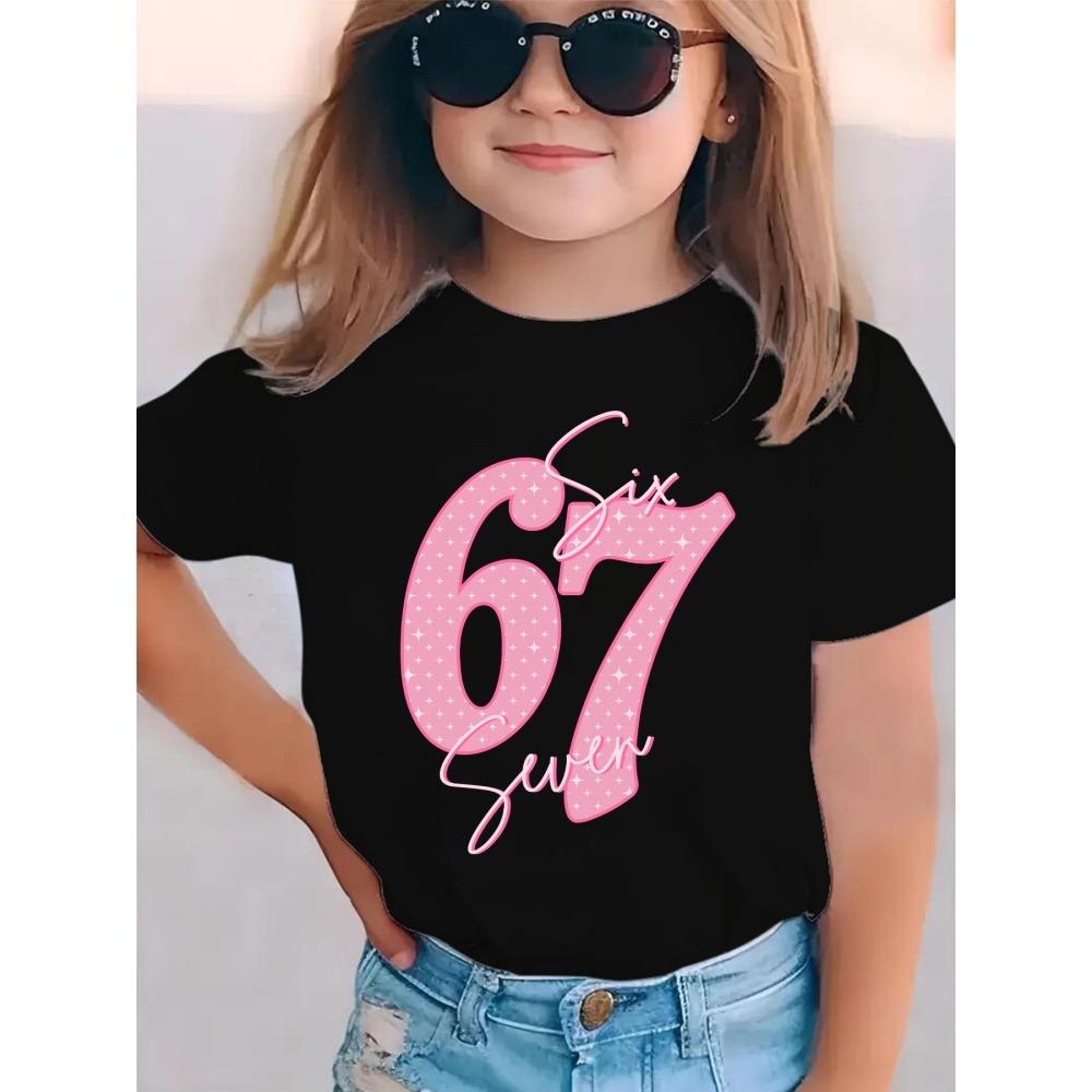 Tricou Fete cu Imprimeu Număr 67 Mânecă Scurtă Gât Rotund Top Casual Tricouri Vară Confortabil Modă Îmbrăcăminte Copii