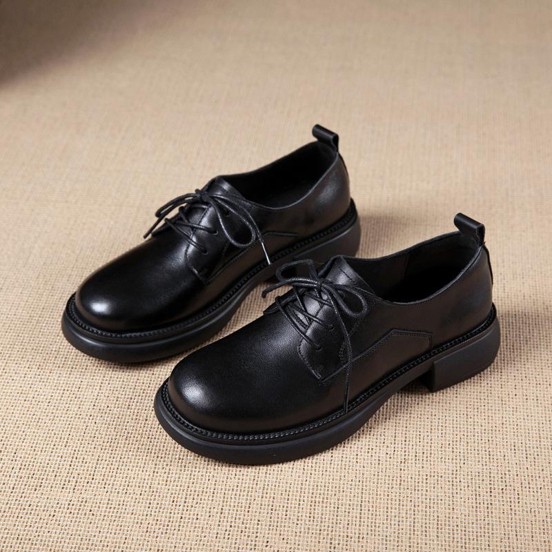 First layer cowhide loafers women's spring and autumn new casual retro lace-up British style work small leather shoes women's single shoes