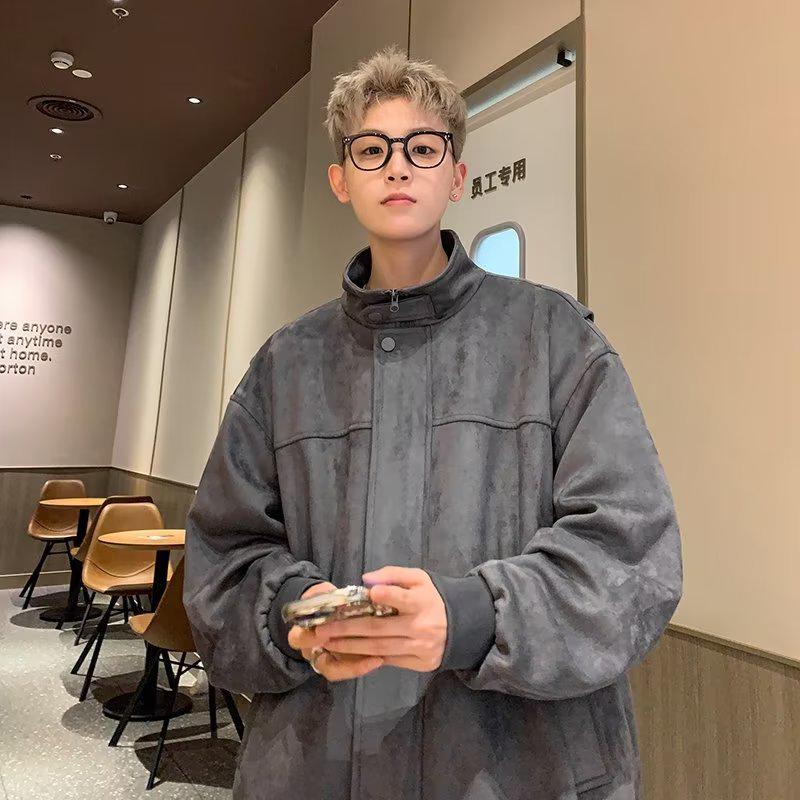 Men's Suede Plush Retro Stand Collar Jacket - Spring/Autumn 2025 Trendy Loose Fit