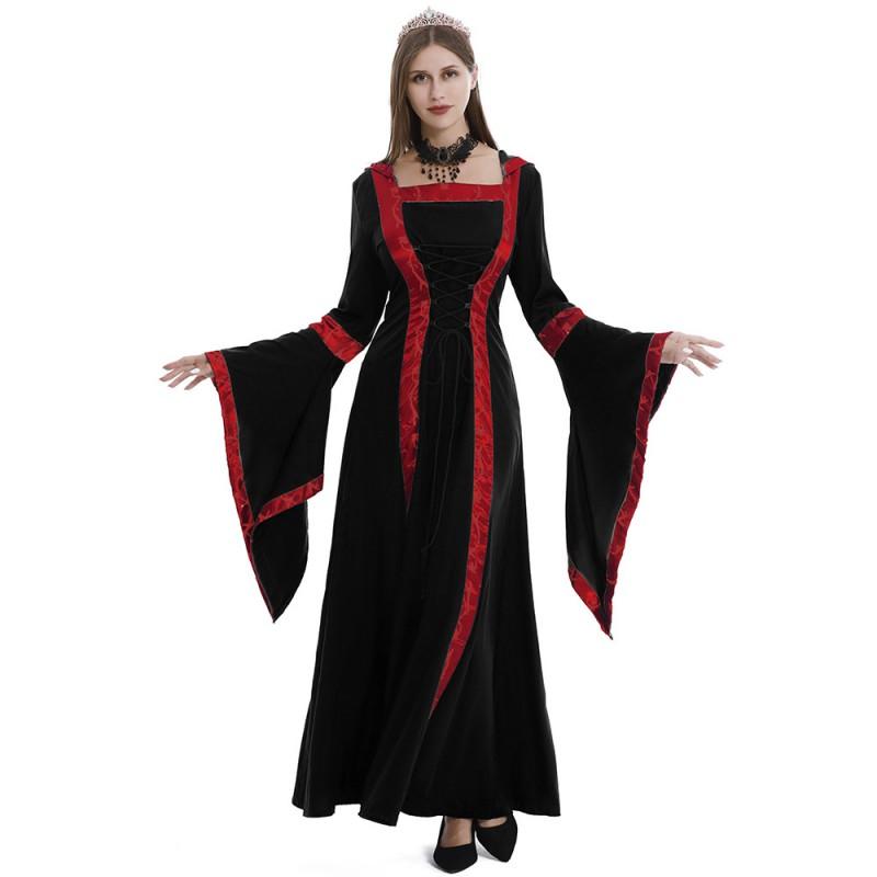 Medieval Gothic Hooded Dress With Square Neck Tie Front Flared Sleeve Full Skirt Costume Halloween Stage Performance