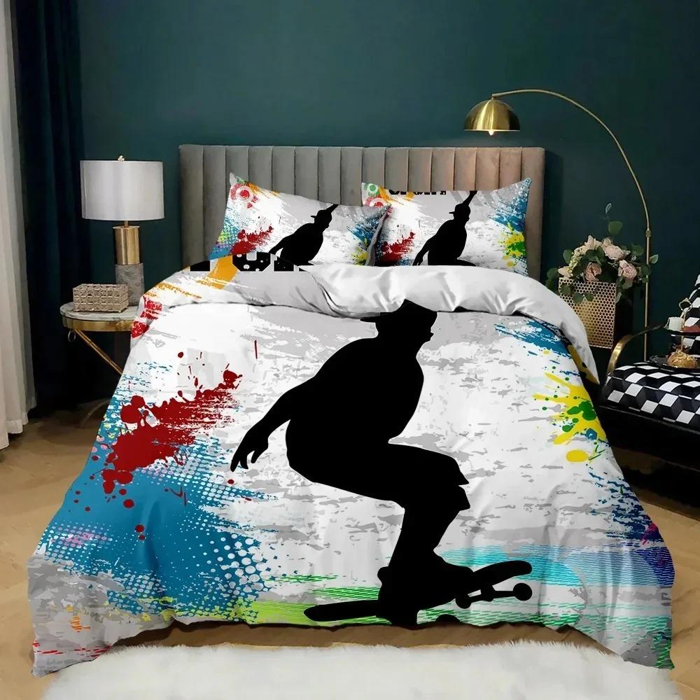 Impression 3D Ensemble de literie Squelette Bouledogue Planche à roulettes Style Hip Hop Street Housse de couette Adolescent Garçons Décor de chambre Simple Double King 100x135cm (2pcs)