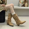 Niche high-heeled women's boots women's autumn, winter, autumn and winter square head inner height increase belt buckle rivet medium boots