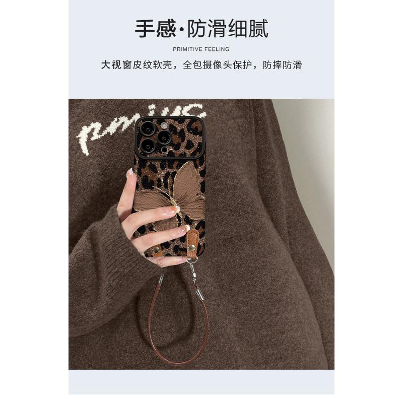 Leopard Butterfly Lanyard Big Window Phone Case For Iphone 16 15 14