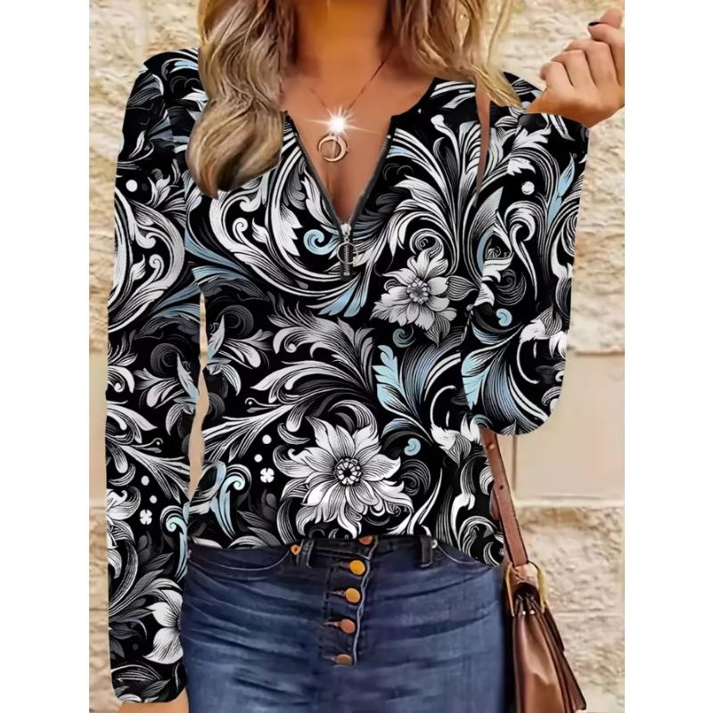 Women's Elegant Printed Zipper Long-sleeved Top, Stylish and Versatile for Autumn and Winter Casual and Office Wear, Machine Washable