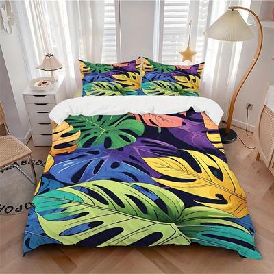 3Pcs Tropical Leaves Printed Bedding Set, Breathable And Soft,(Includes 1 Duvet Cover And 2 Pillowcases, Quilt Not Included) Yy250815158