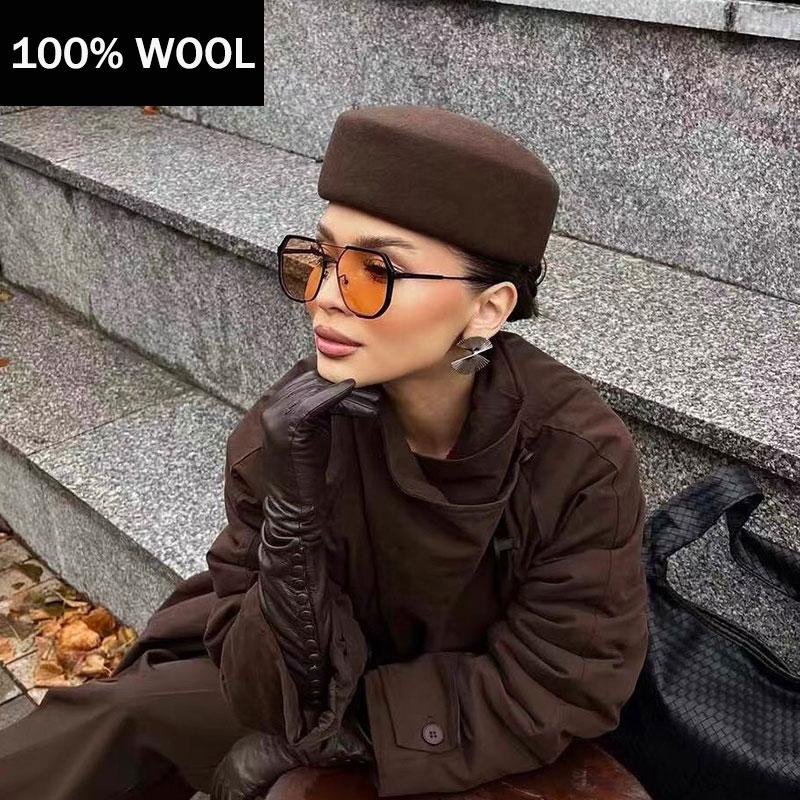 My Extreme Outdoor Activities Women's Brown Blogger Popular 100% Wool Pillbox Hat Flat-Top Fedoras Winter Vintage Elegant Lady Hardtop Painter Cap Fashion Retro Beret 54-58Cm