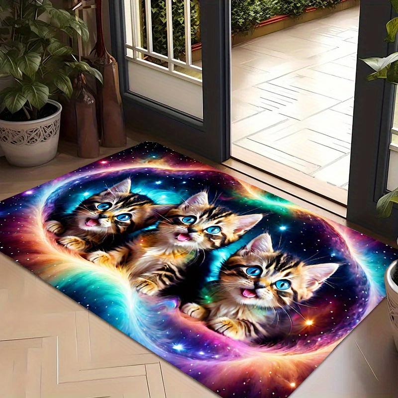 Colorful Galaxy Three Kittens Print Doormat, Non Slip Waterproof Cute Cat Entryway Floor Rug for Front Door Indoor Porch Home Decor
