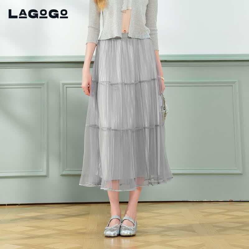 LAGOGO Women s Rhinestone Mesh Pleated Midi Skirt S