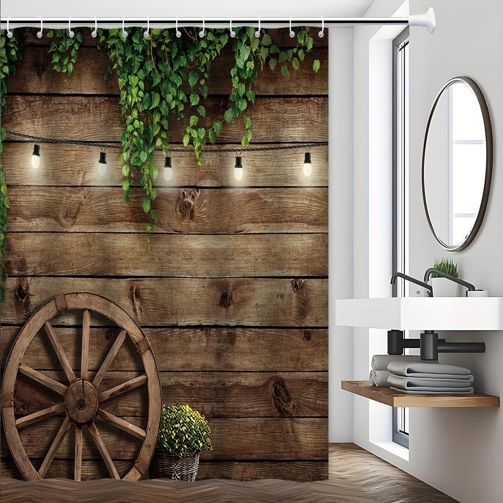 

Rustic Wooden Plank Bath Curtain - Vintage Wheel & Greenery, Waterproof Home Decor Adds Cozy Farmhouse Charm To Your Bathroom W60H190(CM)-1 Pcs