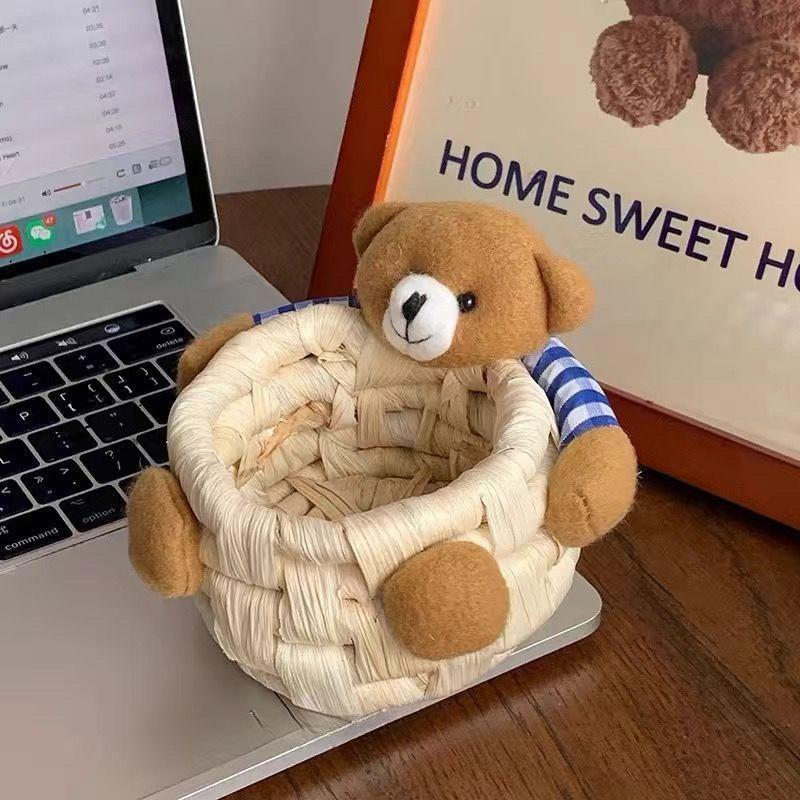 

Плетеная вручную корзина для хранения из хлопковой веревки, мультяшные животные, мишка, органайзер для косметики, настольный органайзер, коробка для хранения мелочей