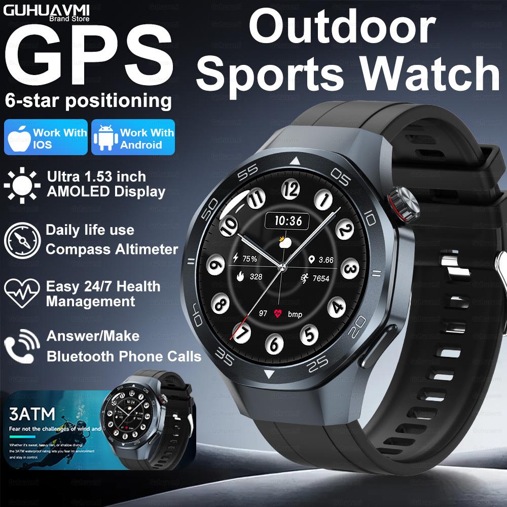 

New GPS Position Smart Watch Men 1.53 AMOLED HD Screen Compass Heart Rate 3ATM Waterproof Call Sports Business Smart Watch Sapphire чёрный