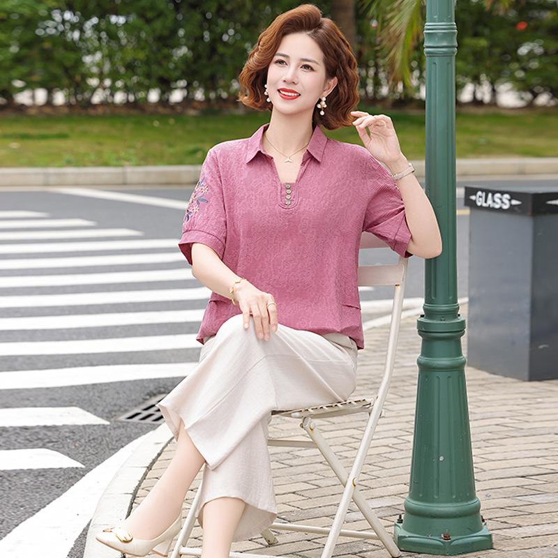 Chinese Style Cotton Linen Summer Shirt & Pants Set for Middle-aged Women