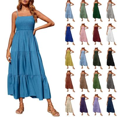 Strapless Dress For Women Solid Color Summer Beach Boho Smocked Tube Top Straps Swing Dress