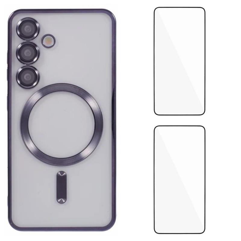 

For Samsung Galaxy S25 Magnetic Case WANLONFENG Electroplated TPU Cover with Lens Film+2Pcs Tempered Glass Black
