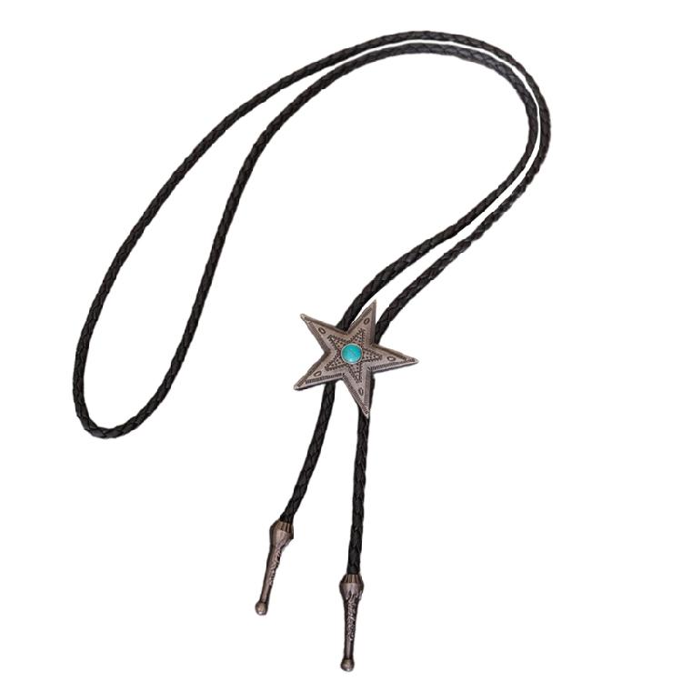 Classical Braided Leather Cord Bolo Tie with Metal Star Turquoises Pendant Western Vintage Necktie Shirt Collar Necklace