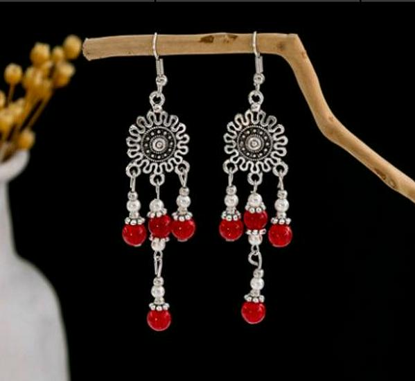 Peacock Tassel Earrings with Hollow Leaf Design in Retro Ethnic Style Imitation Silver for Women