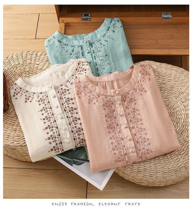 Women's Retro Cotton Five-Sleeve Ethnic Style Round Neck Top - Loose, Slimming Shirt for Spring/Summer