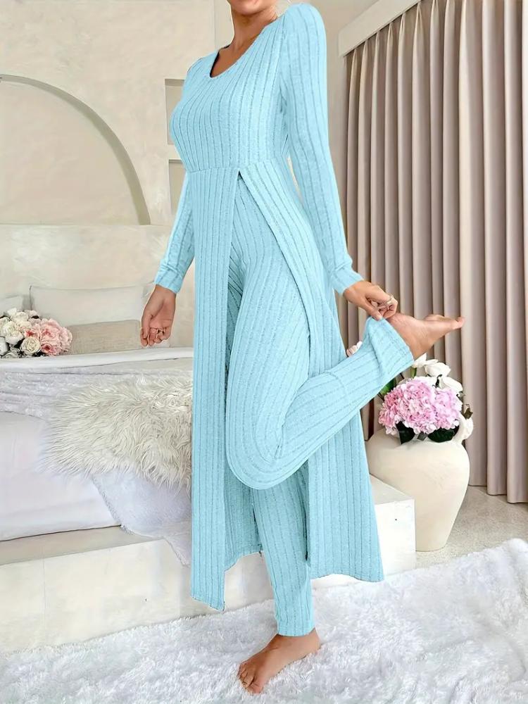 Two-piece Set of Ribbed Long-sleeved Top and Pants for Women