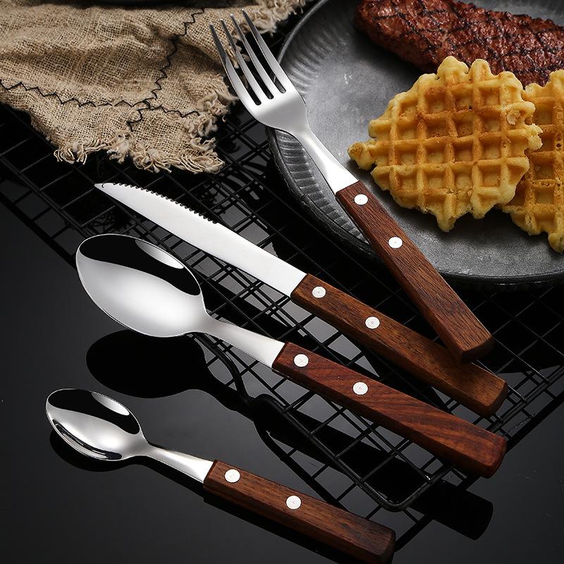 4Pcs Wooden Handle Cutlery Set Mirror Stainless Steel Dinnerware Rose Wood Handle Spoon Knife Fork Dinner Tableware Set Kitchen