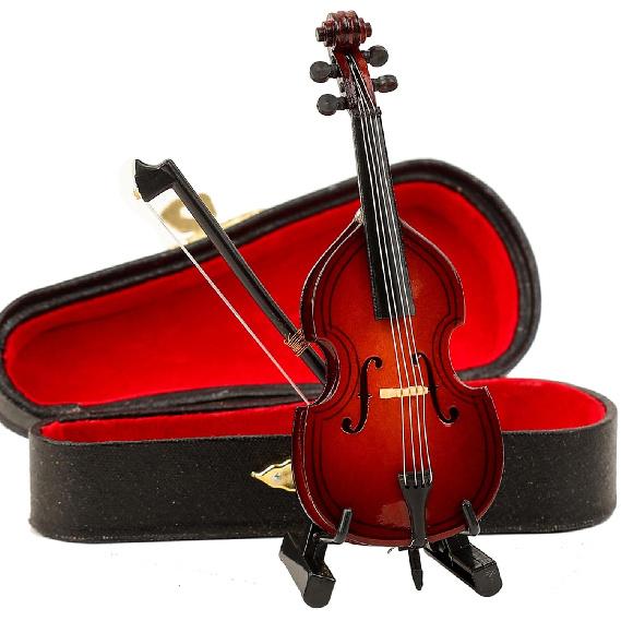 Wooden Miniature Double Bass with Stand, Bow and Case Mini Musical Instrument Contrabass Replica Collectible Figurines Upright Bass Model Home