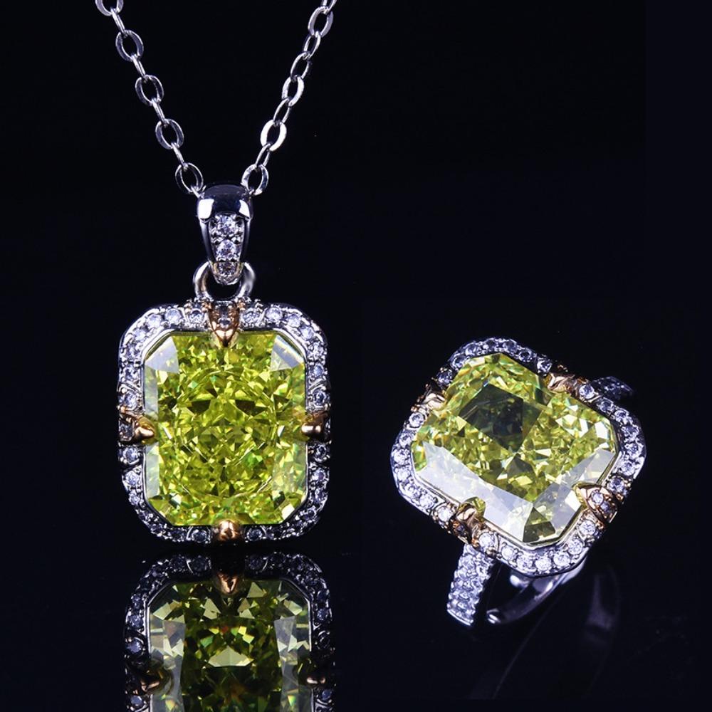 

Stylish Women Jewelry Set Apple Green Ice Cut Necklace Kunzite High Carbon Diamond Ring Gemstone Gift Set