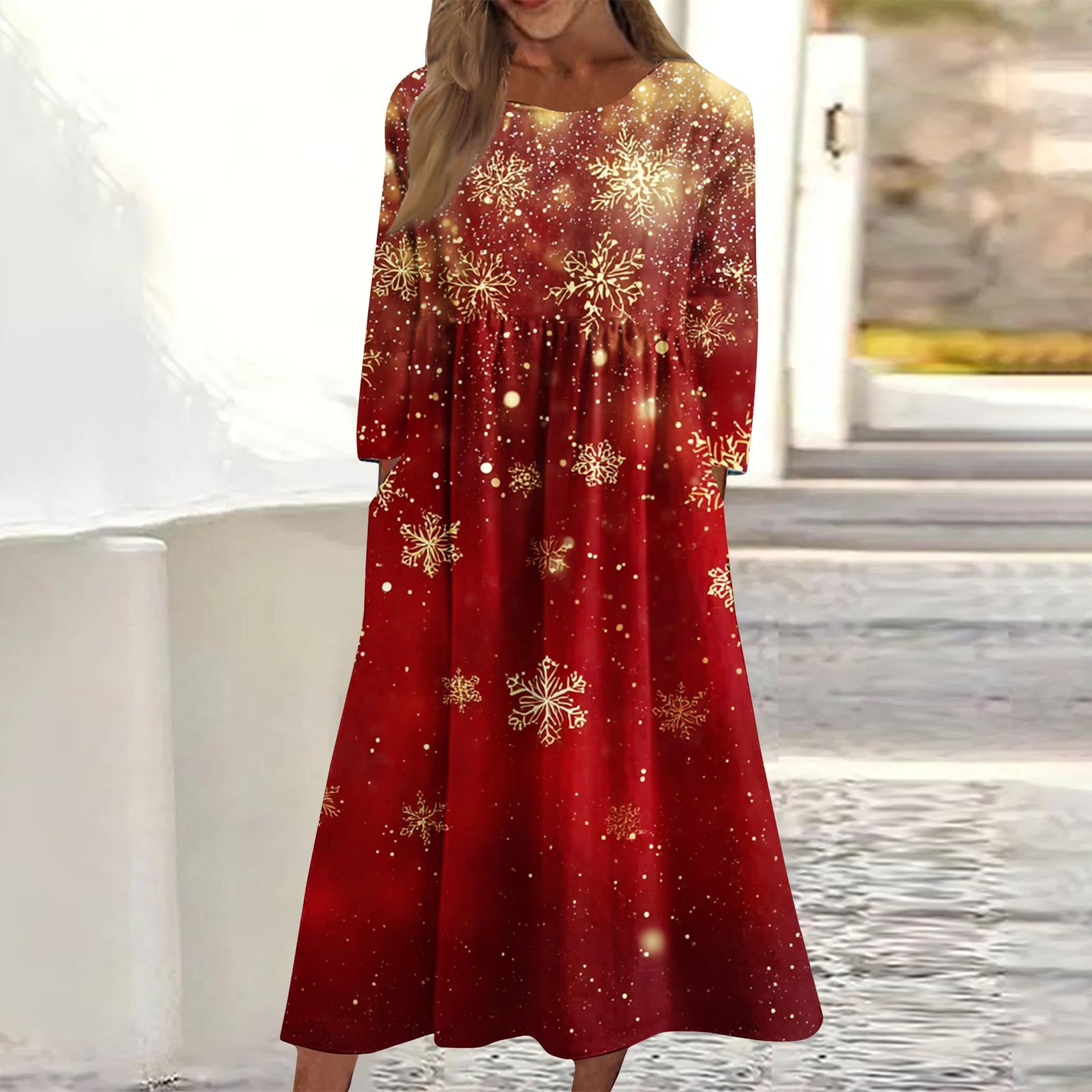 

Женское повседневное миди-платье с круглым вырезом и рождественским принтом, с длинным рукавом и карманом XXL киноварь