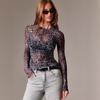 Spring Mesh Round Neck Leopard Print Slim Flattering T Shirt Women Fashion Daily Basic Office Lady Casual Slim Fit Ladies Elegant Long Sleeve Top