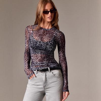 New Autumn and Winter Fashion Mesh Round-neck Leopard Print Slimming T-shirt for Women