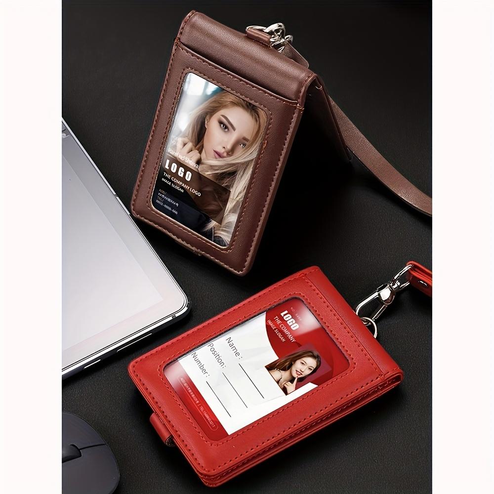 Leather ID Tag Badge Holder Protective with Lanyard Employee Pass Work Card Case Buckle Photocard Flip Chest Card Bag