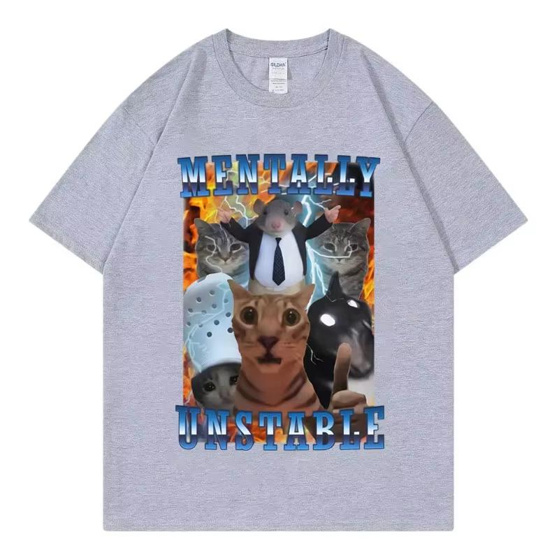 Vintage Unisextally Unstable Funny Cat Meme T Shirt WoUnisex Clothing Fashion Y2k Tshirt Summer Casual Tshirts Streetwear