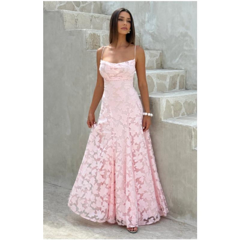 women's Floral Jacquard Halter Spaghetti Strap Backless Slim Fit Mermaid Maxi Dress