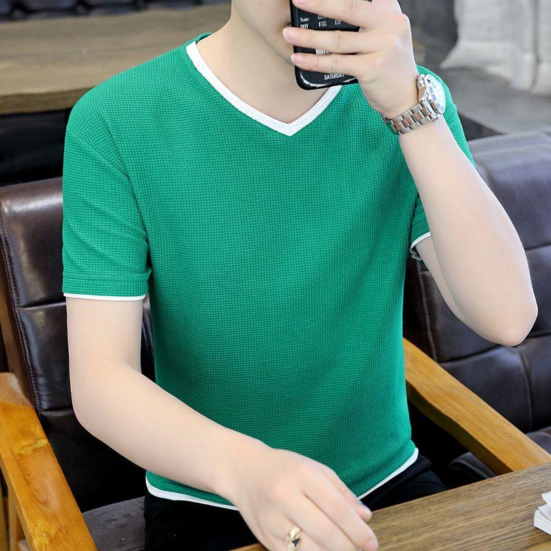 Men s Khaki Textured V-Neck Contrast Trim Short Sleeve Form Fitted Casual T-Shirt M зелёный