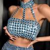 Rhinestones Diamond Body Chain Bra for Women Crystal Backless Chest Chain Halterneck Mesh Crop Top Harness Body Jewelry