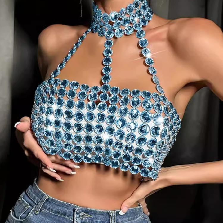 Rhinestones Diamond Body Chain Bra for Women Crystal Backless Chest Chain Halterneck Mesh Crop Top Harness Body Jewelry