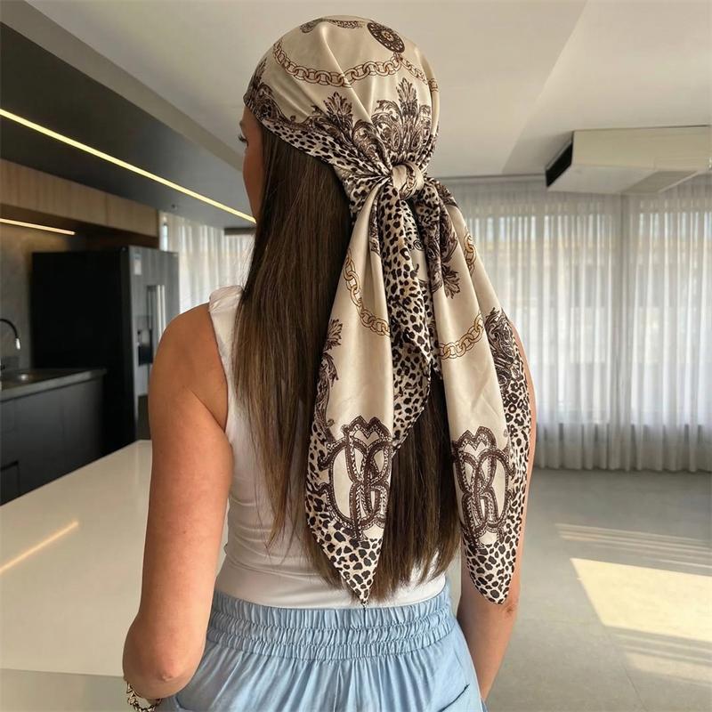 New Satin Square Scarf Women Muslim Hijab Elegant Print Silk Neckerchief Shawl Wraps Headband Handle Hair Accessories Bandana