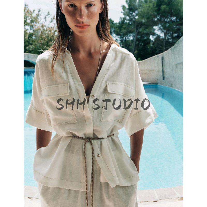 Summer Simplicity Shoelace Tour Hunting Jacket Shirt 3711393 High Waist Vacation Style Wide Leg Pants 2116393