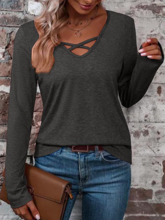 

Autumn and winter new V-neck cross long-sleeved cotton solid color casual simple women S черный серый