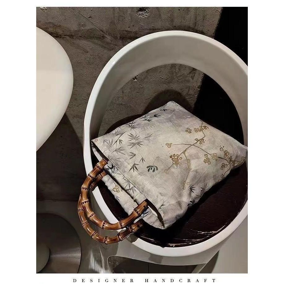 IELGY New Chinese Meilan Bamboo Chrysanthemum Original Pottery Brown Bamboo Bag, Hand Carrying National Style with Cheongsam