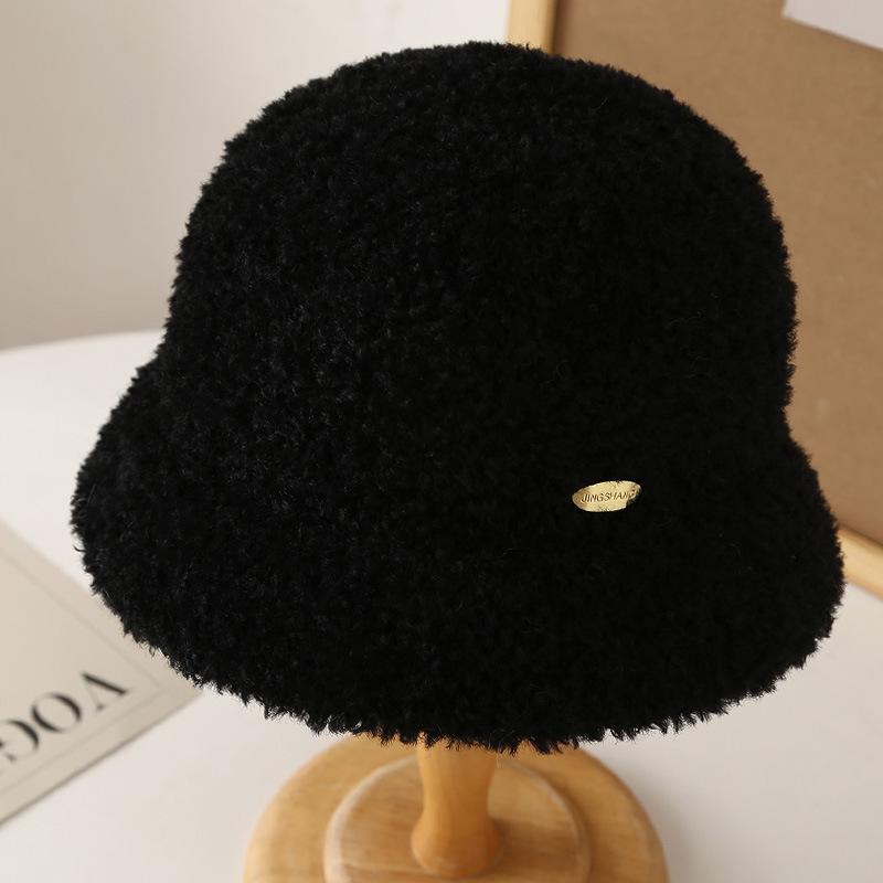 Small Label Thick Simple Lamb Wool Bucket Hat Basin Hat Women's Autumn and Winter Outdoor Warm Windproof Cold Bucket Hat