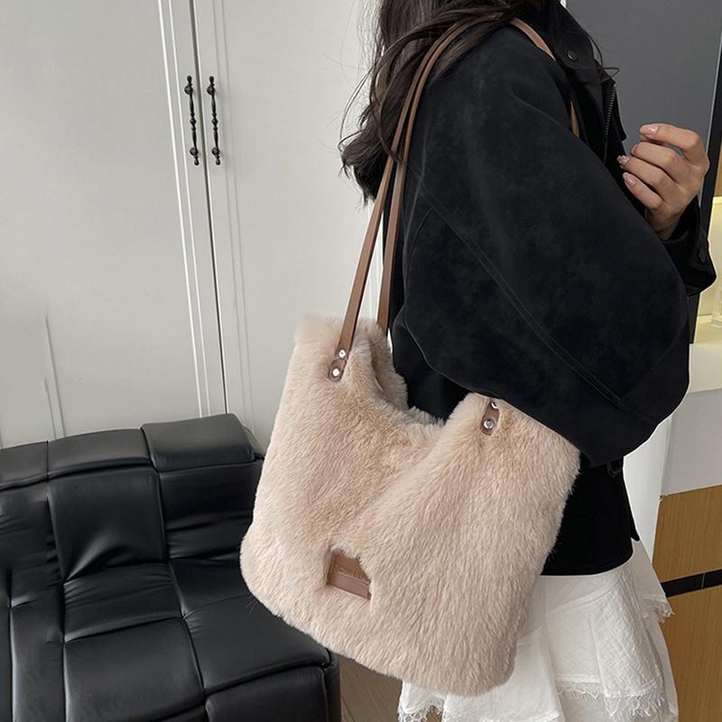 Yogodlns Women's Large Capacity Furry Tote Bag Commute Shoulder Bag Underarm Bag Soft Material Easy To Clean Vertical Square