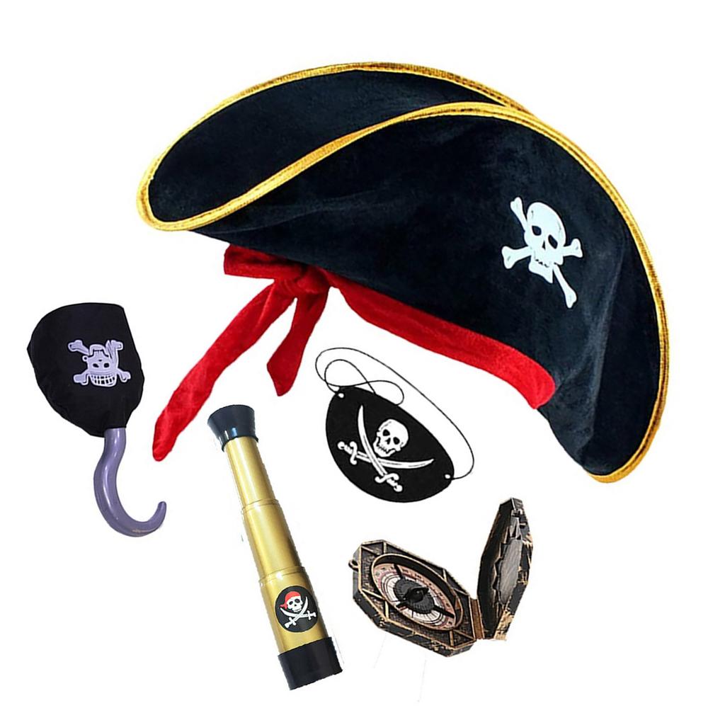 Pirate Compass Skull Print Hat Costume Kits for Treasure Hunt Stylish Role Play Accessories for Halloween Party