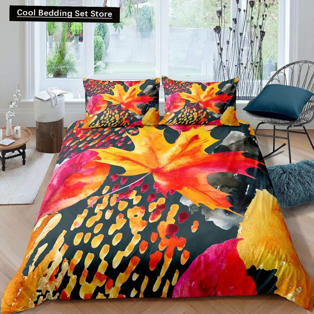 Autumn Tree Leaf King Queen Bedding Set Cartoon Botanical Duvet Cover Fallen Leaves Quilt Cover 2/3pcs Polyester Comforter Cover