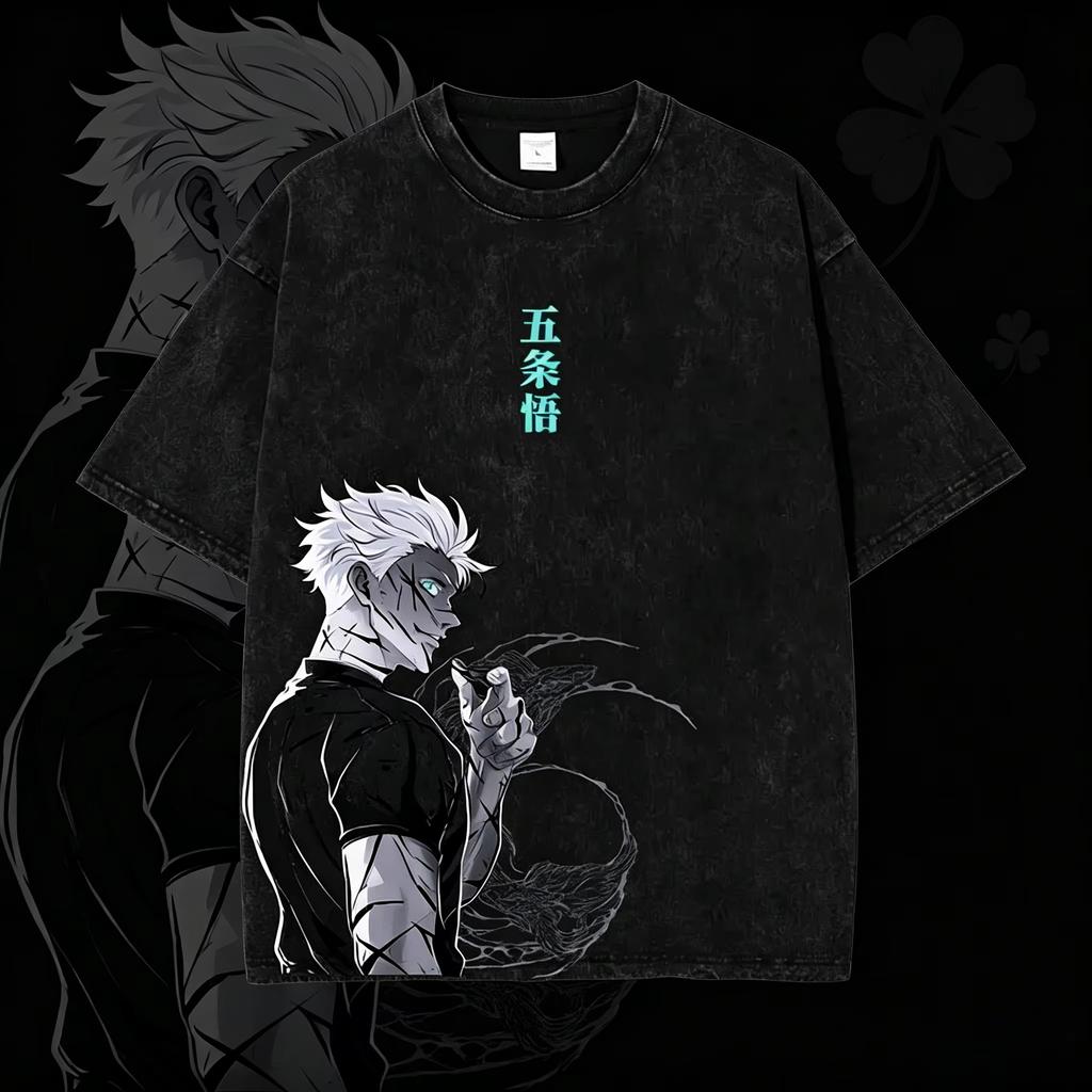 2026 New Summer Jujutsu Kaisen Anime Gojo Satoru Vintage Washed Oversized Tee Unisex Kanji Print Casual Streetwear T-shirt
