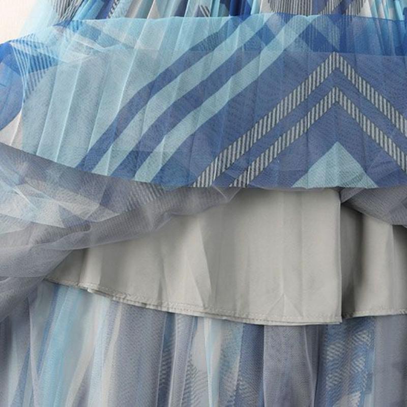 MOJTA Summer Women's Big Swing Skirt Mesh Printing Elastic Mid-length High Waist A-line Skirt