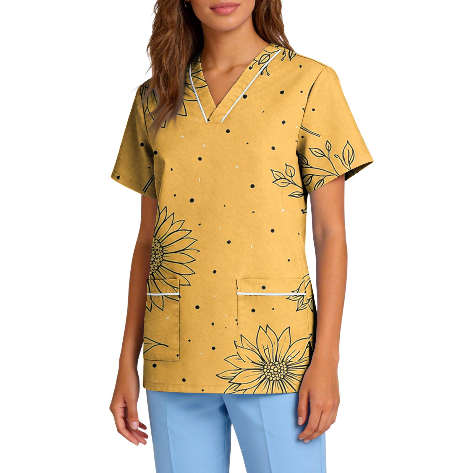 

Women s Stretch Quick-Dry V-Neck Short Sleeve Workwear Top with Botanical Floral Print & Pockets XL жовтий