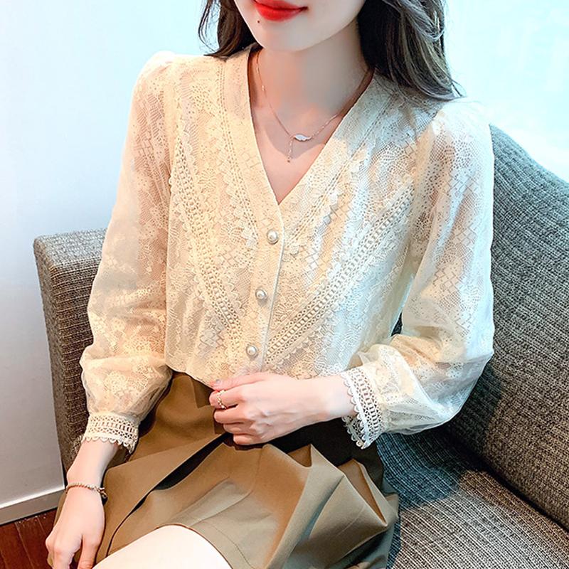 

Новая осенняя мода повседневная блузка с длинным рукавом и V-образным вырезом абрикосового и белого цвета с кружевом, женская рубашка, топы, блузки, рубашки J331 S белый