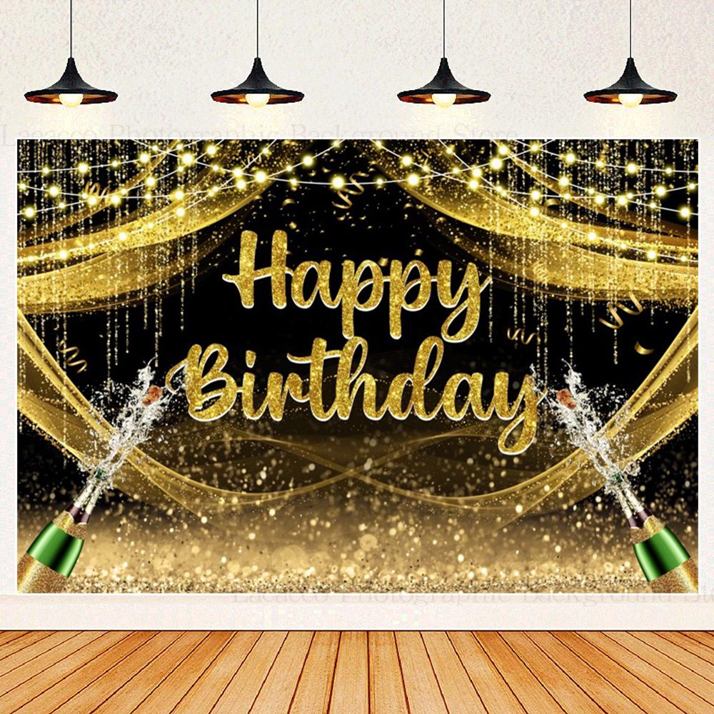Happy Birthday Party Backdrops Black Gold Balloons Champagne Birthday Party Decor Banner Photography Background for Men Women