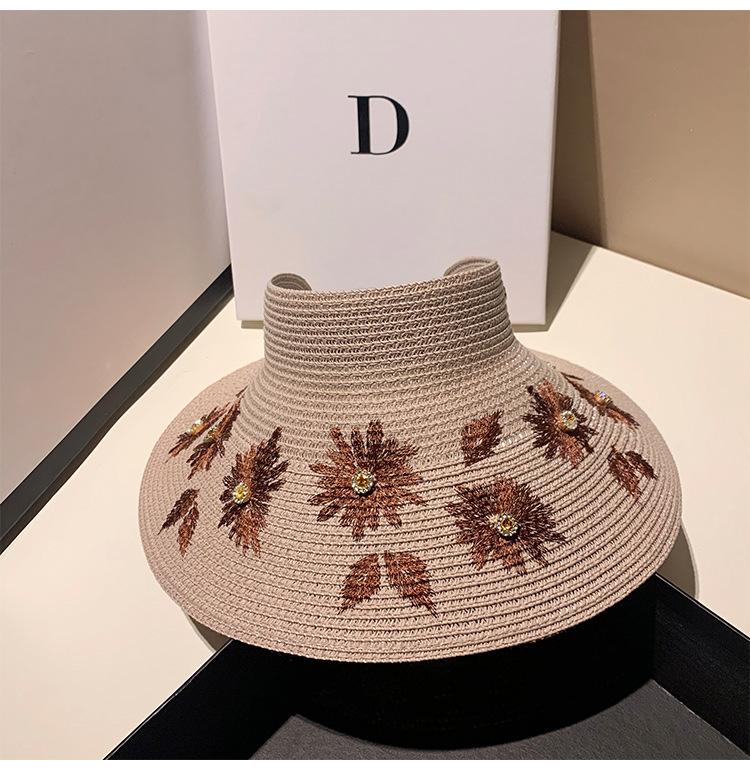 Beach Straw Woven Sunshade Hat Rhinestone Embroidered Sun Hat Fashionable Leisure Vacation Foldable Women's Empty Top Hat