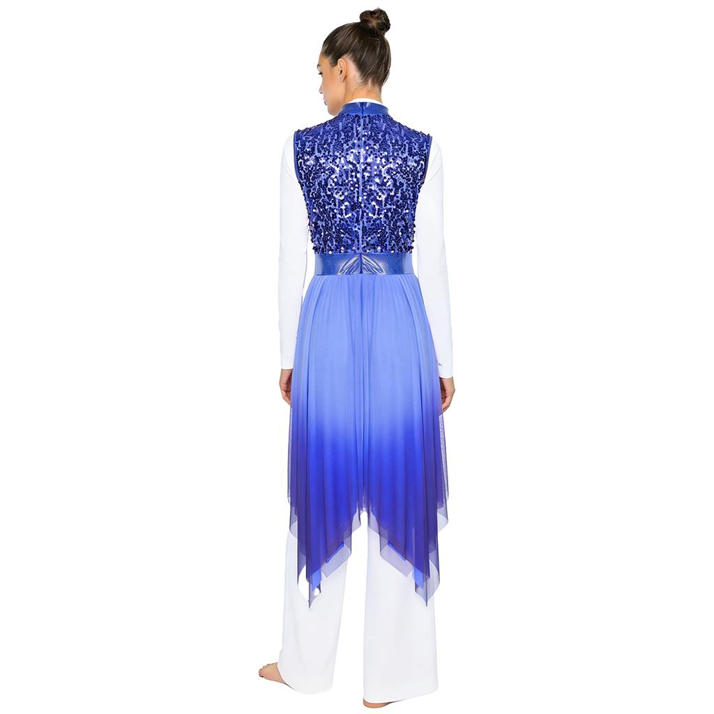 Womens Worship Praise Dance Dress Shiny Sequine Sleeveless Bodice Gradient Mesh Irregular Hem Lyrical Costume